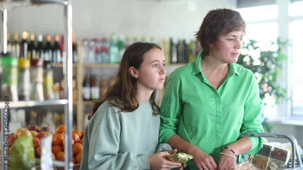 Mother and daughter choosing various products in the grocery department of a supermarket. High quality 4k footage Mother and daughter choosing various products in the grocery department of a supermarket. High quality 4k footage