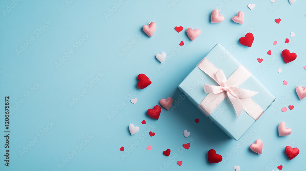 valentine day background with gift box and mixed heart shaped on blue background valentine day background with gift box and mixed heart shaped on blue background