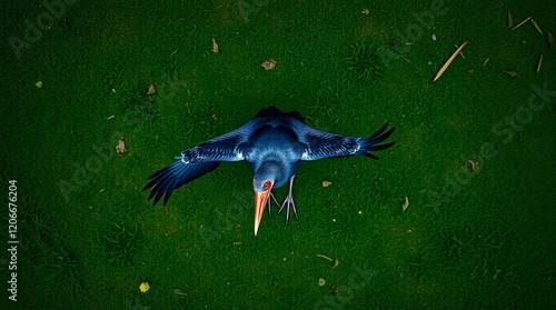 Aerial view of a bird landing on green grass. photo