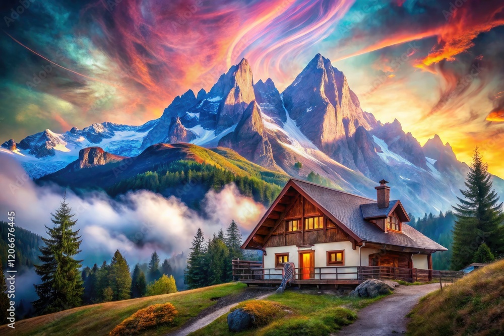 Fototapeta premium Dreamlike double exposure: mountain house and surreal landscape artfully merged for a breathtaking scene.