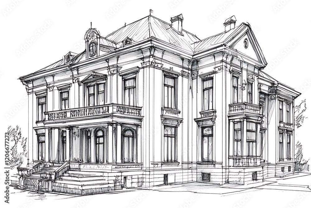 Detailed architectural sketch of a grand historical building with intricate design elements and lush surroundings Detailed architectural sketch of a grand historical building with intricate design elements and lush surroundings
