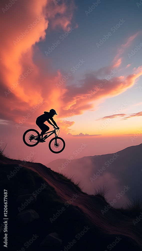 Obraz premium A silhouette of a mountain biker jumping off a dirt ramp at dusk, with dynamic clouds and a glowing pink-orange horizon in the background.
