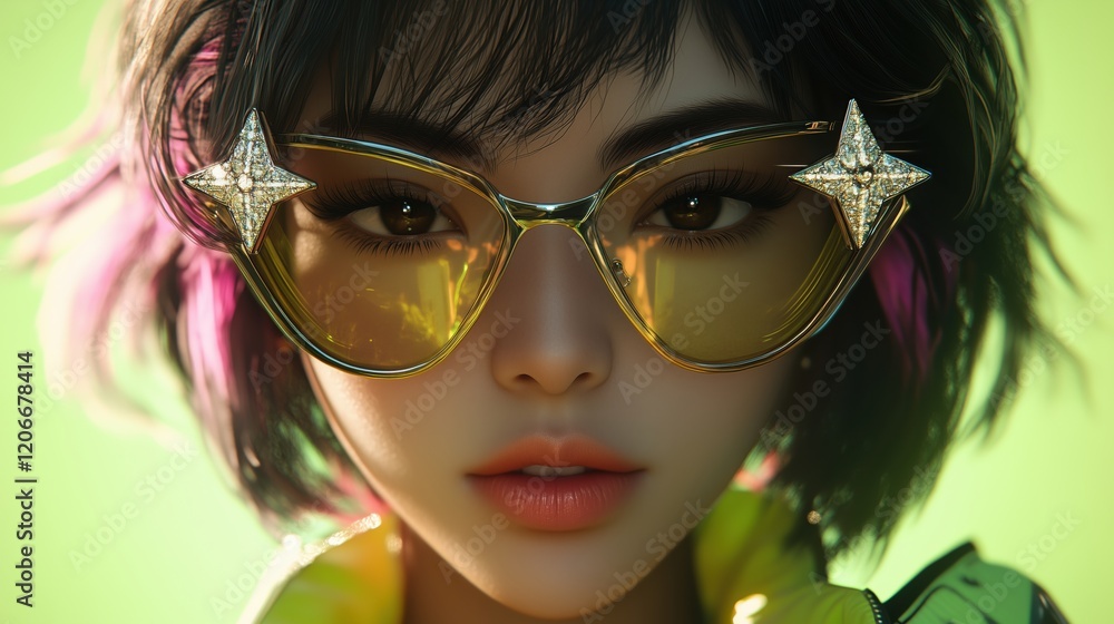 Fototapeta premium Girl with star shaped sunglasses in cyberpunk style