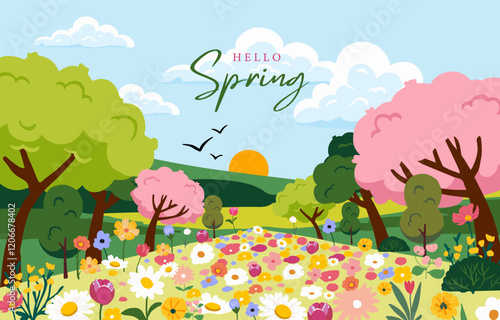 Spring landscape background with mountain and tree  for horizontal design