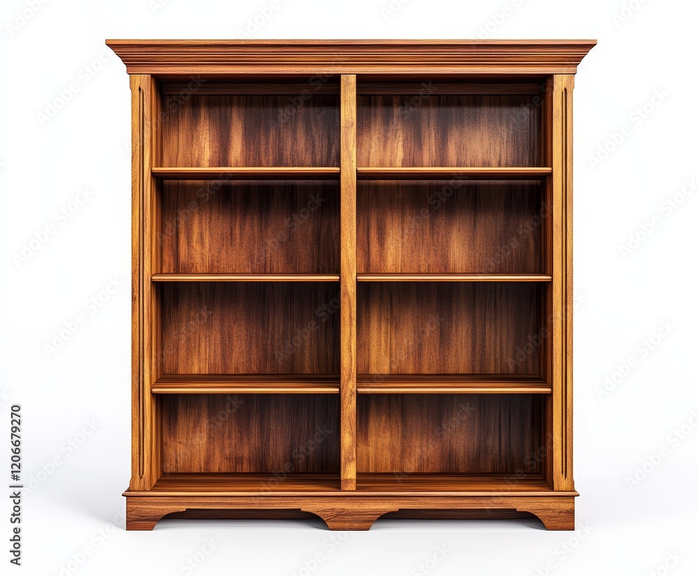 Empty wooden bookcase with six shelves, classic design. Empty wooden bookcase with six shelves, classic design.