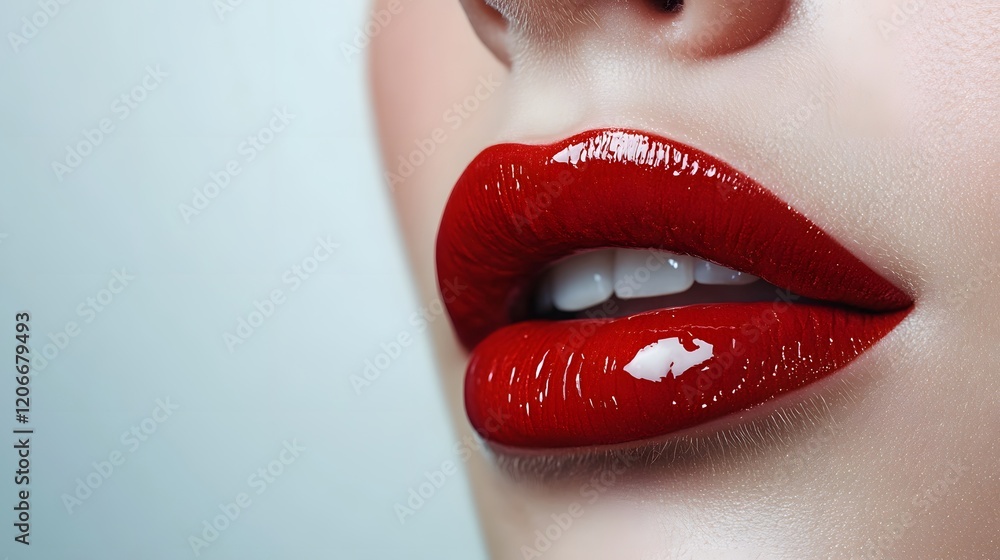 Obraz premium Closeup of glossy red lips with perfect teeth