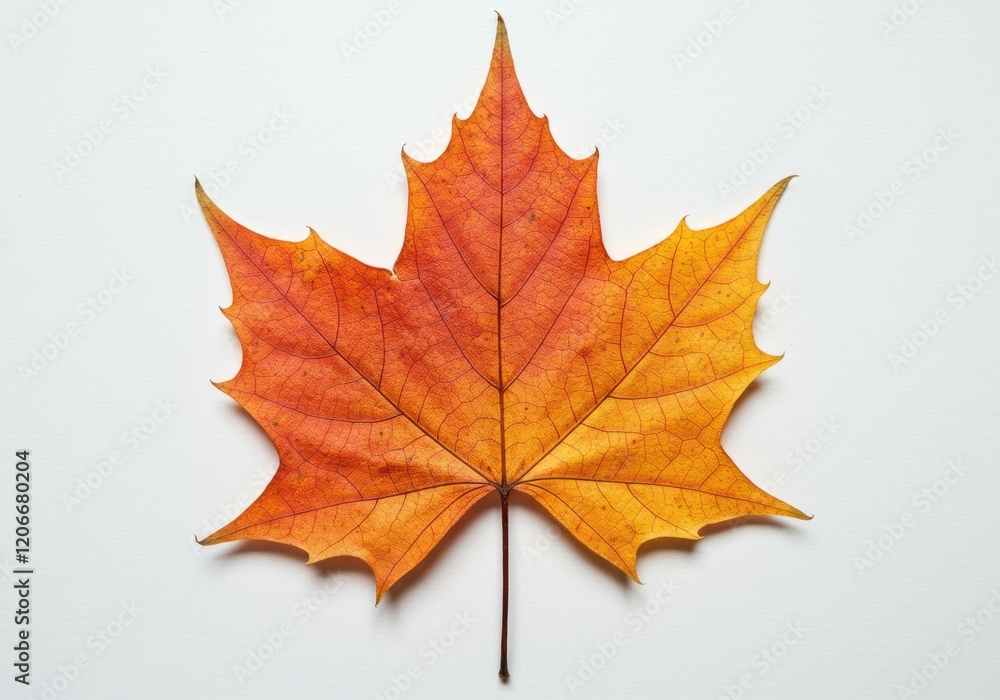 Obraz premium A dried red maple leaf with intricate veins and a natural gradient of autumn colors symbolizing seasonal beauty isolated on a white background