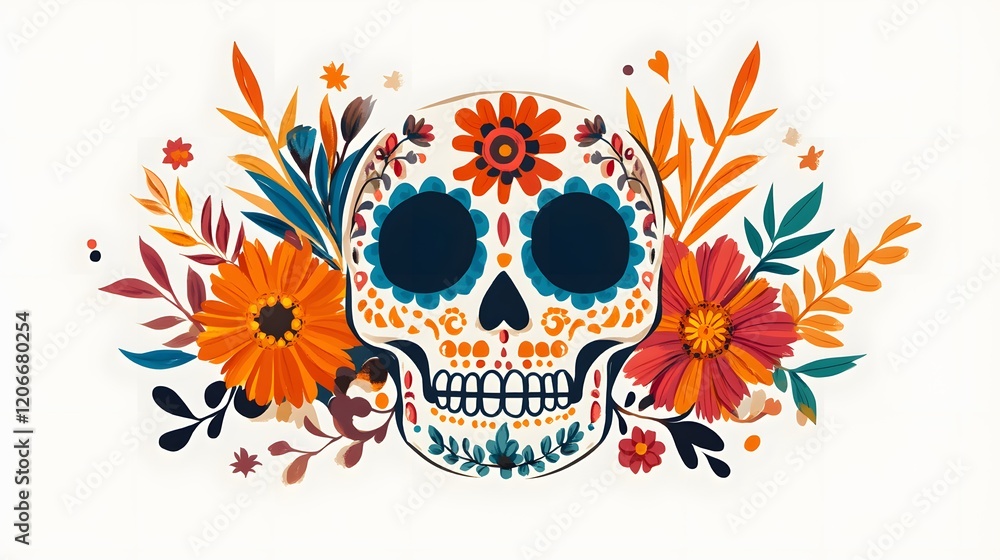 Ornate Sugar Skull Decorated with Vivid Flowers and Leaves Ornate Sugar Skull Decorated with Vivid Flowers and Leaves