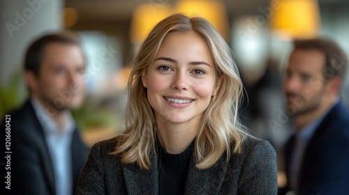 Wallpaper Mural Smiling businesswoman in office with colleagues blurred in background. Torontodigital.ca