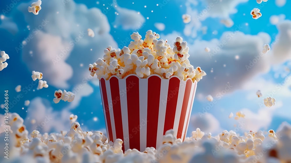 A Giant Bucket of Popcorn Surrounded by Fluffy Popcorn Falling from the Sky Against a Bright Blue Sky with Clouds in a Whimsical and Fun Atmosphere A Giant Bucket of Popcorn Surrounded by Fluffy Popcorn Falling from the Sky Against a Bright Blue Sky with Clouds in a Whimsical and Fun Atmosphere