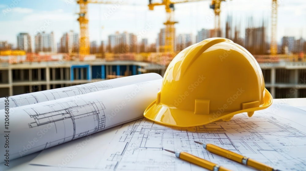 Construction plans, hardhat, city, blueprints Construction plans, hardhat, city, blueprints