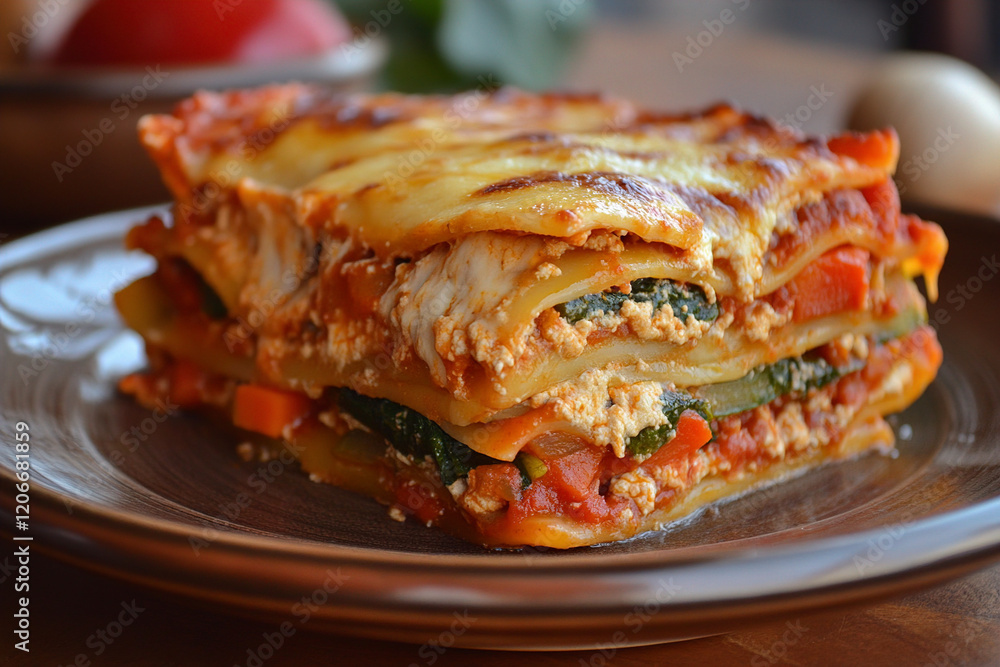 A close-up view of layers of traditional Italian style vegetable lasagna on a plate. (Generative AI) A close-up view of layers of traditional Italian style vegetable lasagna on a plate. (Generative AI)