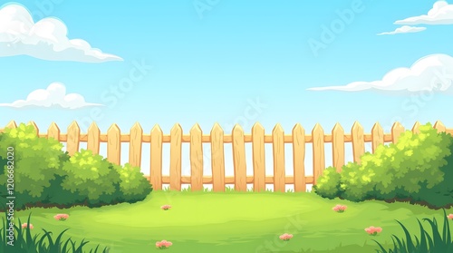 Sunny Backyard Scene with Wooden Fence and Lush Green Grass