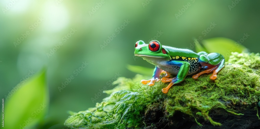 Vibrant Frogs Resting Amidst Lush Greenery in a Tropical Pond Vibrant Frogs Resting Amidst Lush Greenery in a Tropical Pond