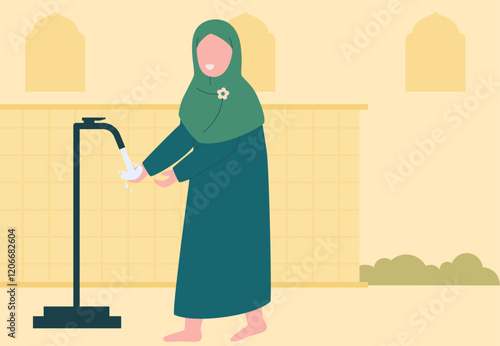 Muslimah doing wudu or ablution vector design illustration