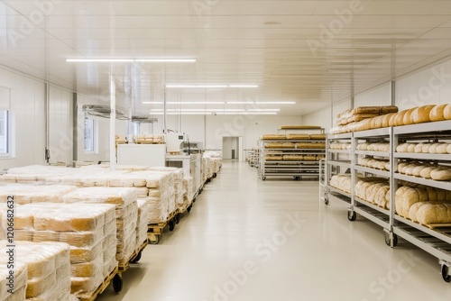 Large industrial bakery warehouse with rows of bread loaves on shelves and pallets.
