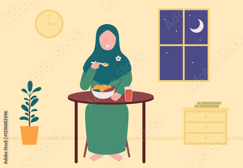 Muslimah is having suhoor or eating early in Ramadan vector design illustration