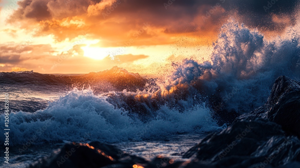 Naklejka premium Ocean Sunset Waves Crashing on Rocky Coastline