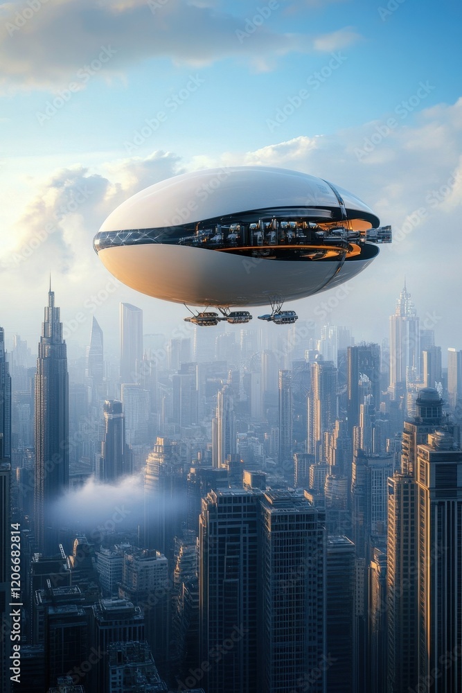 Naklejka premium Hydrogen-Driven Airship Hovering Over a Sustainable Eco-Friendly Landscape