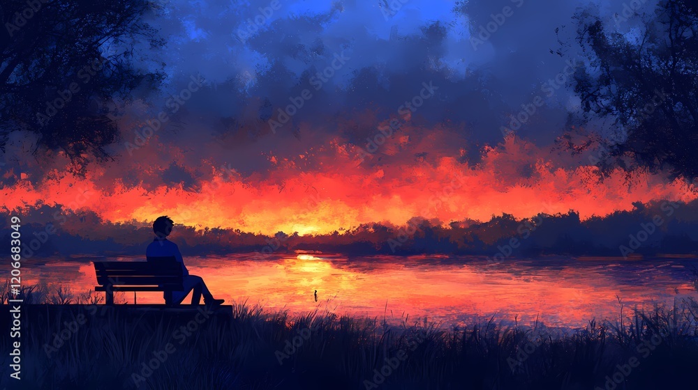 Tranquil Sunset Over Water with a Solitary Figure on a Bench, Capturing Peaceful Reflections and Vibrant Colors in a Serene Natural Setting Tranquil Sunset Over Water with a Solitary Figure on a Bench, Capturing Peaceful Reflections and Vibrant Colors in a Serene Natural Setting