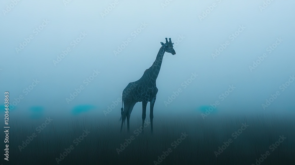A solitary giraffe standing in the fog, its posture forlorn, with a sense of loss in the atmosphere A solitary giraffe standing in the fog, its posture forlorn, with a sense of loss in the atmosphere