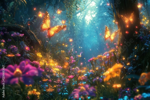 Whimsical fairies with glowing wings, fluttering through a magical forest filled with vibrant flowers and mystical creatures. photo