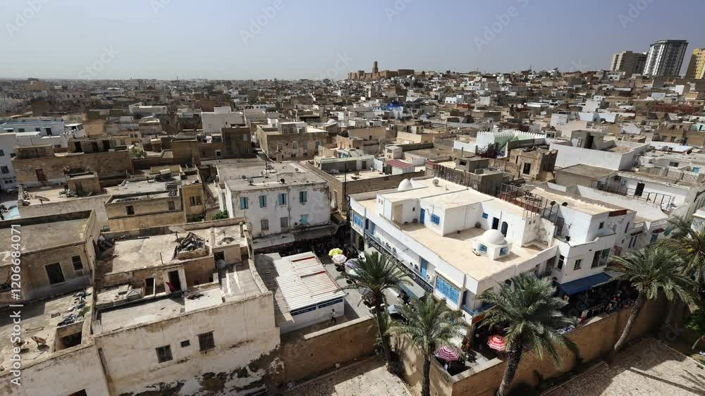 Aerial view from watchtower of Ribat of Sousse of tightly packed residential areas with traditional and modern buildings, showcasing architectural diversity of Tunisian city. High quality 4k footage Aerial view from watchtower of Ribat of Sousse of tightly packed residential areas with traditional and modern buildings, showcasing architectural diversity of Tunisian city. High quality 4k footage