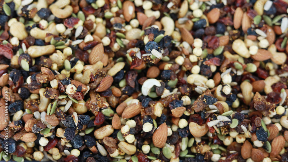 Delicious Trail Mix top view background Delicious Trail Mix top view background