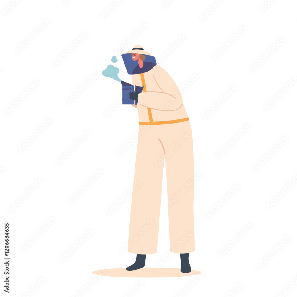 Apiarist Female Character Holding Smoker. Beekeeper Using A Tool To Produce Smoke That Calms Bees While Inspecting Hives Apiarist Female Character Holding Smoker. Beekeeper Using A Tool To Produce Smoke That Calms Bees While Inspecting Hives