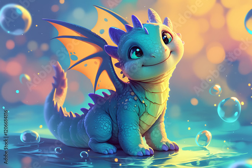 Cute cartoon baby dragon sitting in a colorful bubble-filled environment with a cheerful expression photo