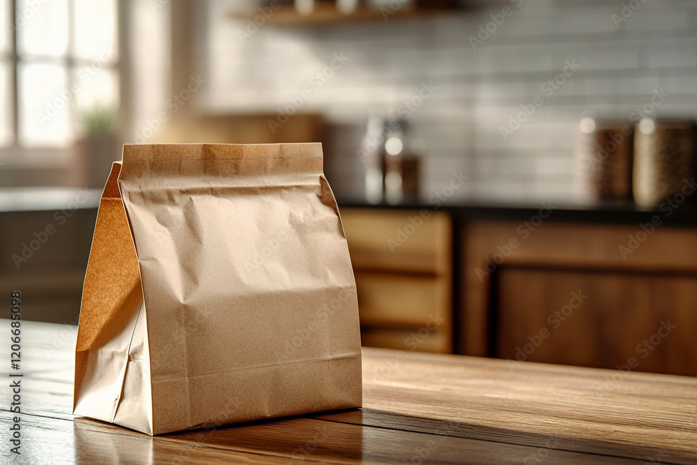 A classic brown paper bag with a blurred kitchen background. (Generative AI) A classic brown paper bag with a blurred kitchen background. (Generative AI)
