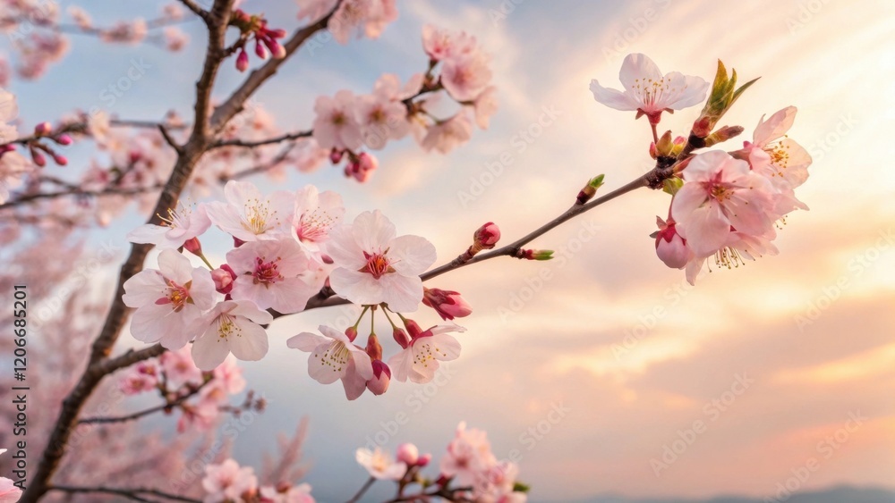 A serene sunset backdrop highlights delicate pink cherry blossoms, symbolizing beauty and the arrival of spring. A serene sunset backdrop highlights delicate pink cherry blossoms, symbolizing beauty and the arrival of spring.