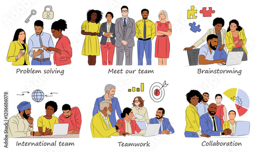 Set of Business scene vector outline illustrations on transparent background. Collection of men, women, business team working together, taking part in business activities, meeting, discussing.