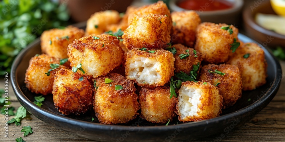 Crispy potato cubes, parsley garnish, wooden table. Appetizer food photo Crispy potato cubes, parsley garnish, wooden table. Appetizer food photo