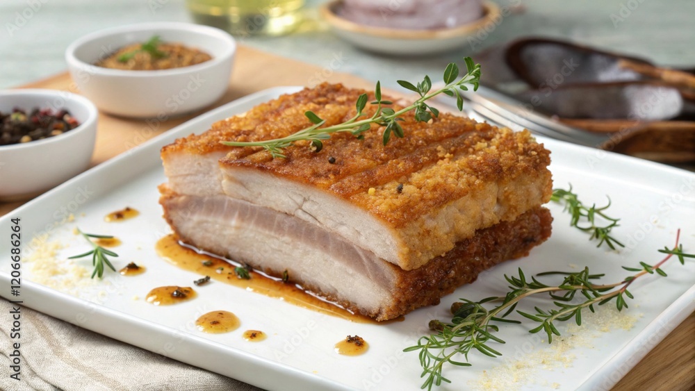 A beautifully plated dish of crispy pork belly garnished with fresh thyme, served with flavorful sauces and spices. A beautifully plated dish of crispy pork belly garnished with fresh thyme, served with flavorful sauces and spices.