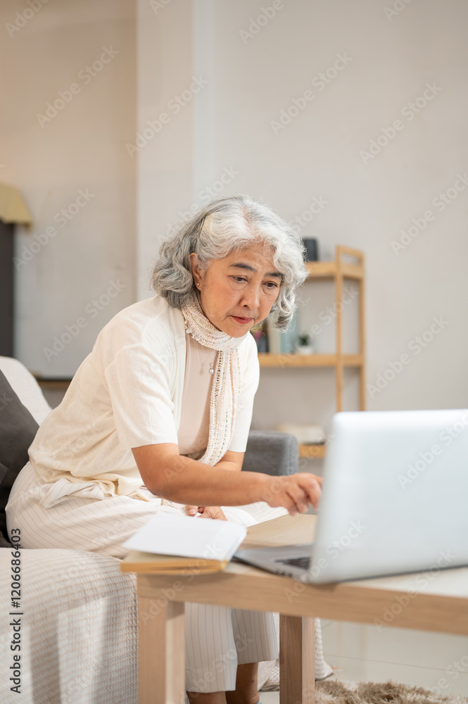 A positive Asian senior woman focuses on reading an article on the internet through her laptop. A positive Asian senior woman focuses on reading an article on the internet through her laptop.