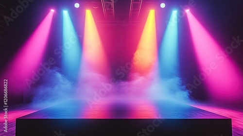 Concert stage background with blue and purple lights. Empty concert floor at futuristic room
