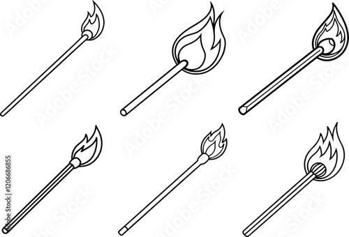 Set of Burning matchstick outline vector illustration