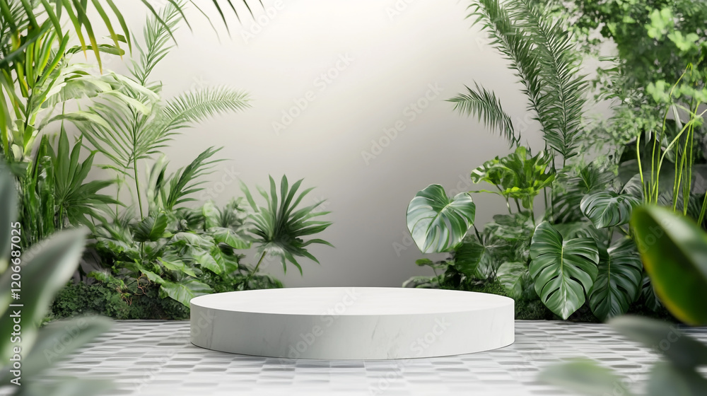 Modern circular pedestal surrounded by lush greenery in a serene indoor setting Modern circular pedestal surrounded by lush greenery in a serene indoor setting