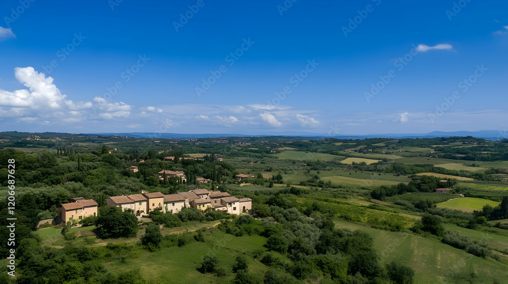 Fototapeta premium Aerial view of idyllic Tuscan countryside village, rolling hills, and clear blue sky; perfect for travel brochures