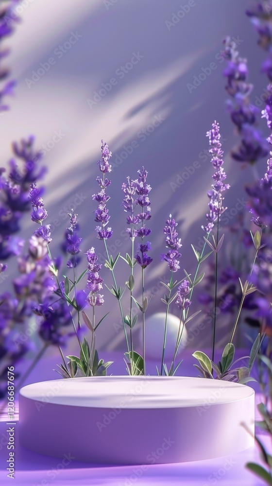 Fototapeta premium Serene Lavender Scene with Abstract Display Platform in Background