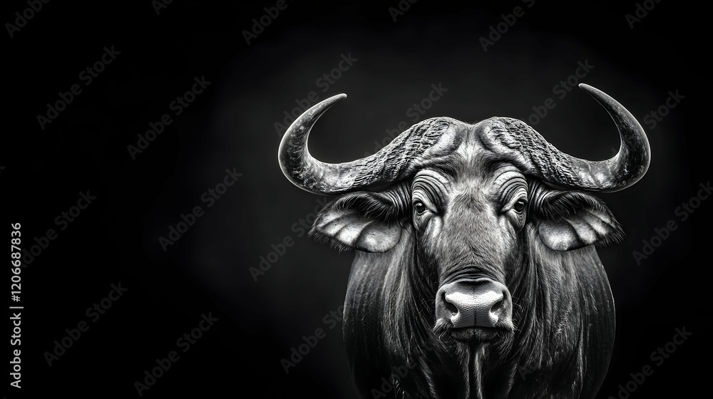 Naklejka premium African Cape Buffalo portrait, dark background, wildlife safari, animal photography for conservation