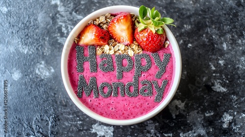 Happy Monday! Start your week with a delicious and healthy berry smoothie bowl, topped with strawberries, granola, and chia seeds. This vibrant breakfast is perfect for a positive start to the day!