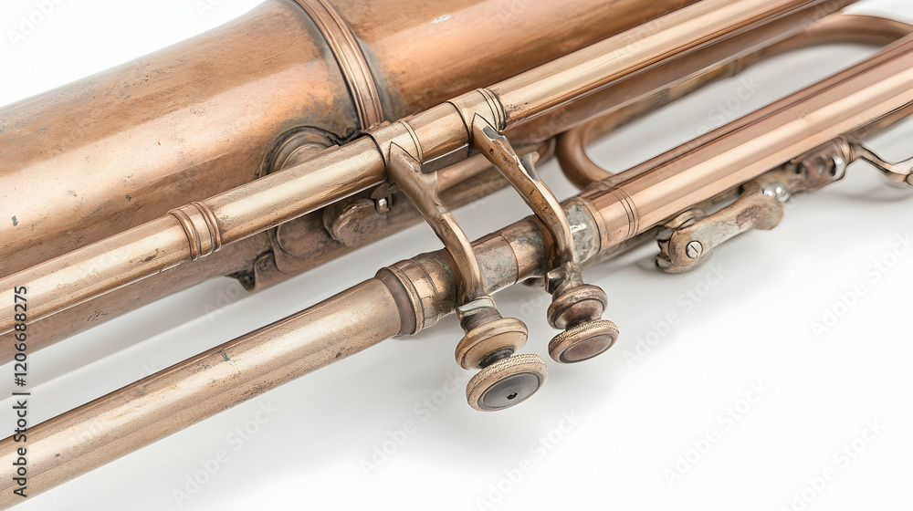 Naklejka premium Antique Brass Trumpet Valves Close-up. Musical Instrument Detail Shot