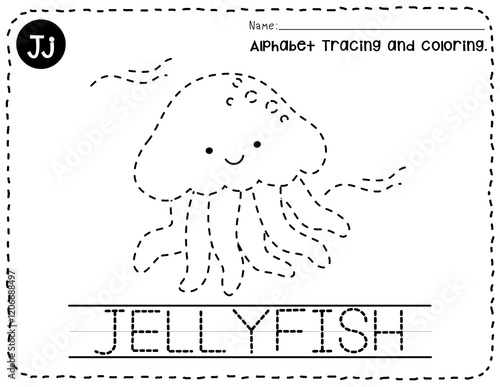 Canvas Print Jellyfish alphabet J letter tracing, Animal trace and coloring pages for kid, Coloring pages outline, English vocabulary, A-Alligator, Kindergarten and preschool activity, Alphabet tracing worksheet