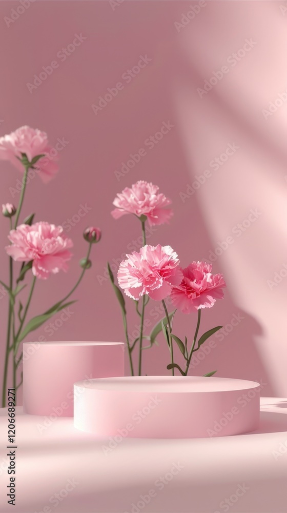 Soft Pink Flowers and Minimalist Display Pedestals on Pastel Background Soft Pink Flowers and Minimalist Display Pedestals on Pastel Background