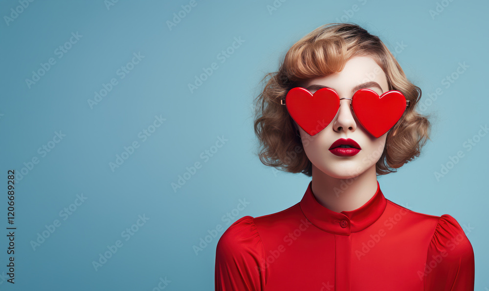 A woman wearing red sunglasses with heart shapes on them A woman wearing red sunglasses with heart shapes on them