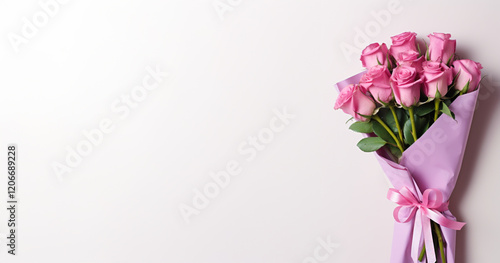 A bouquet of pink roses is wrapped in a purple paper