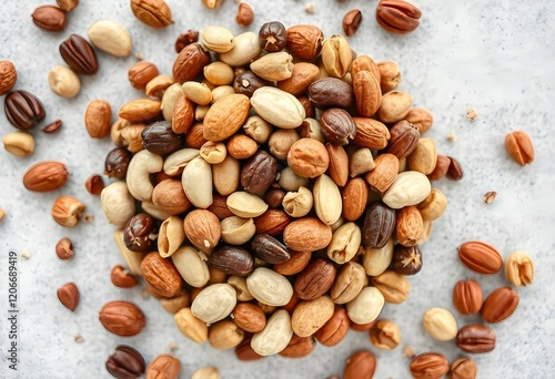 Different tasty nuts on whole background, close up. Vitamin food
