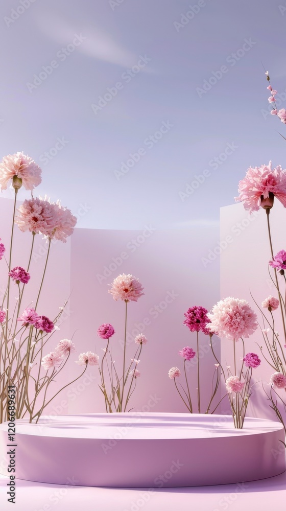 Serene Pink Floral Display with Circular Platform and Soft Sky Serene Pink Floral Display with Circular Platform and Soft Sky